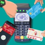 Hands with transport card, smartphone, smartwatch and bank card near POS terminal. Wireless, contactless or cashless payments, rfid nfc. Vector illustration in flat style