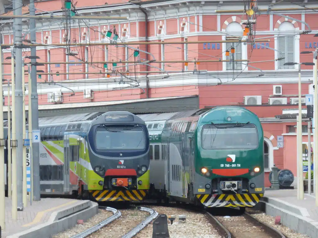 Railway in Como from Via Bertinelli - Trenord trains - Como Nord Lago - R3 031 and EB 760-001 TN