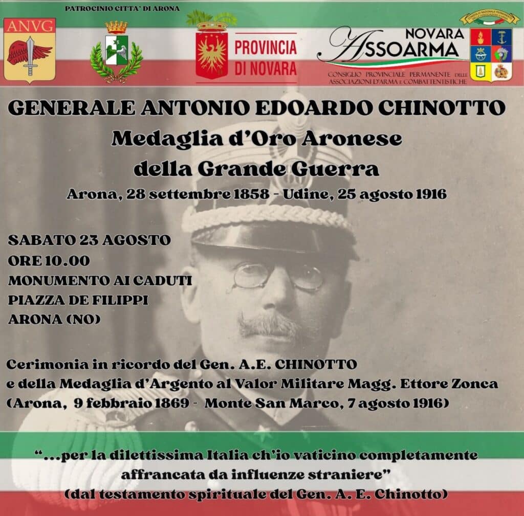Arona ricorda il Generale Antonio Edoardo Chinotto, medaglia d’oro della Grande Guerra
