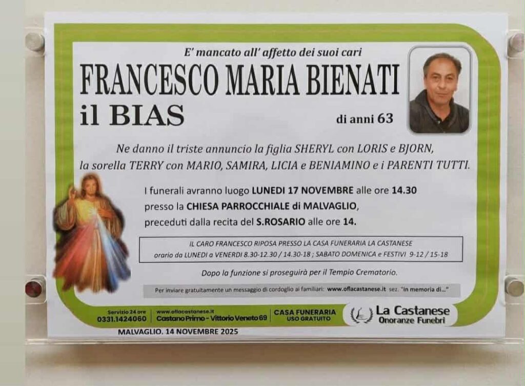 Lunedì 17 novembre nella chiesa di Malvaglio i funerali di Francesco Bienati
