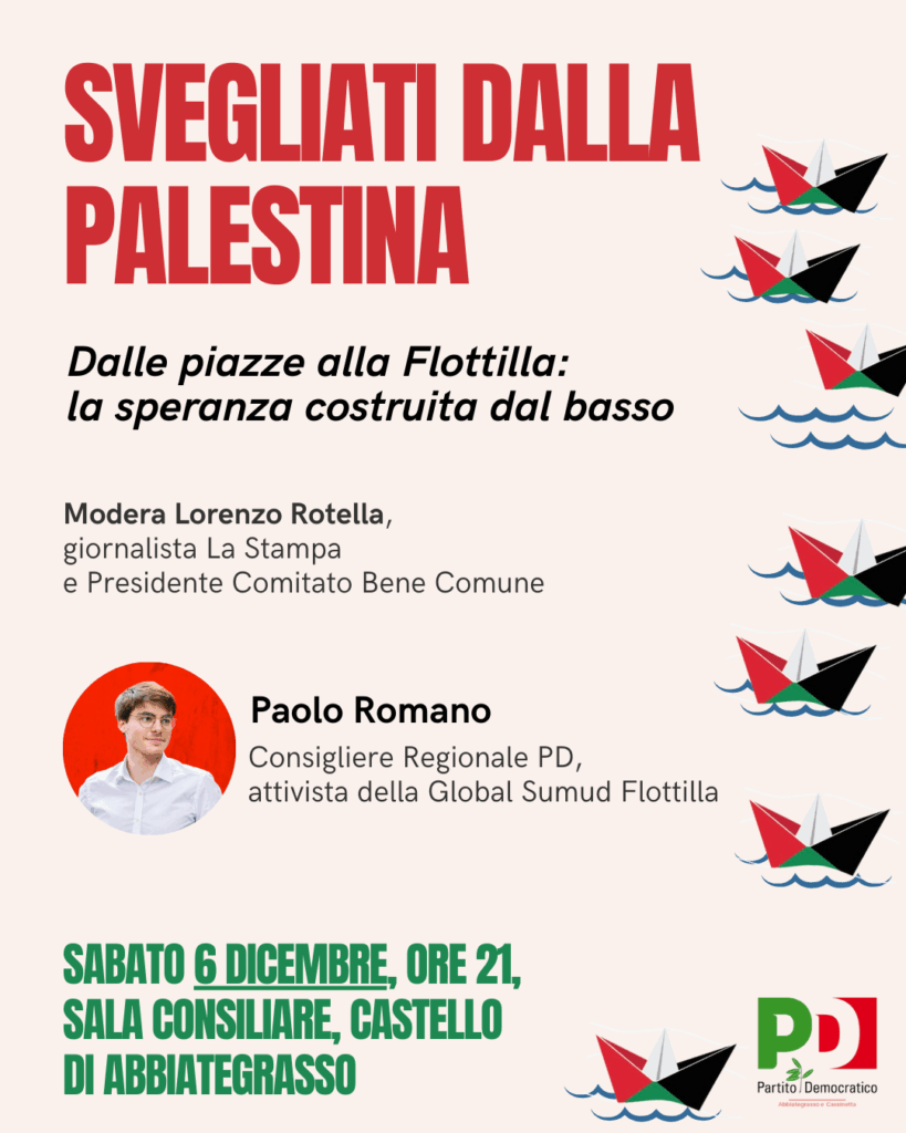 ‘Global Sumud Flottilla’, evento sabato 6 dicembre a Bià con Paolo Romano