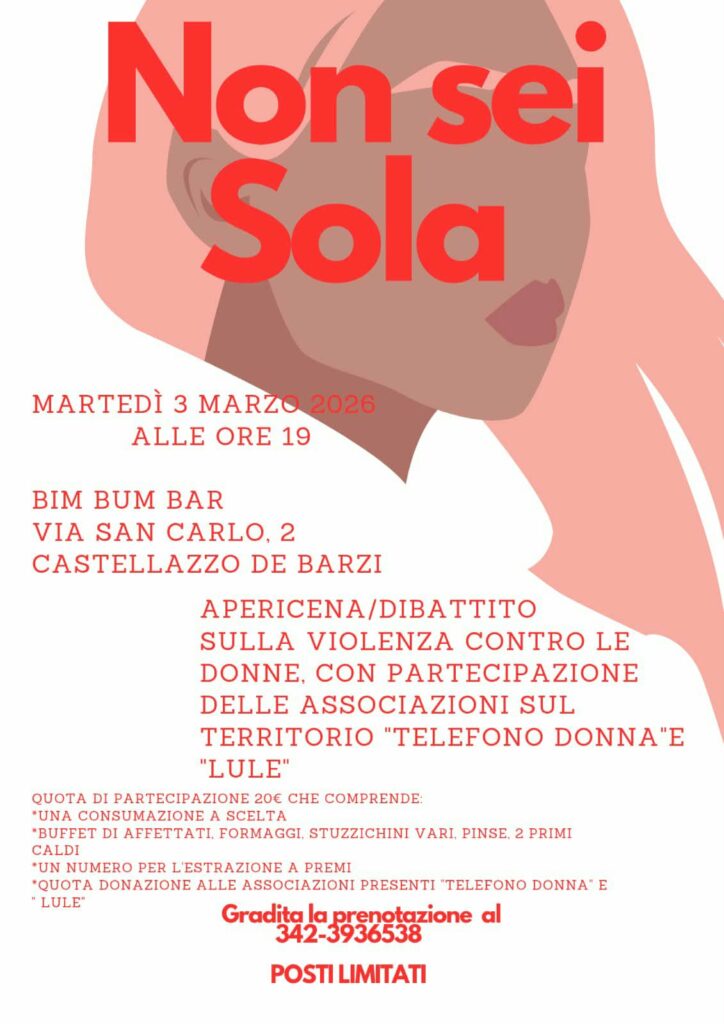 Robecco, al ‘Bim Bum Bar’ di Castellazzo dè Barzi la serata ‘Non sei sola’ sulla violenza contro le donne