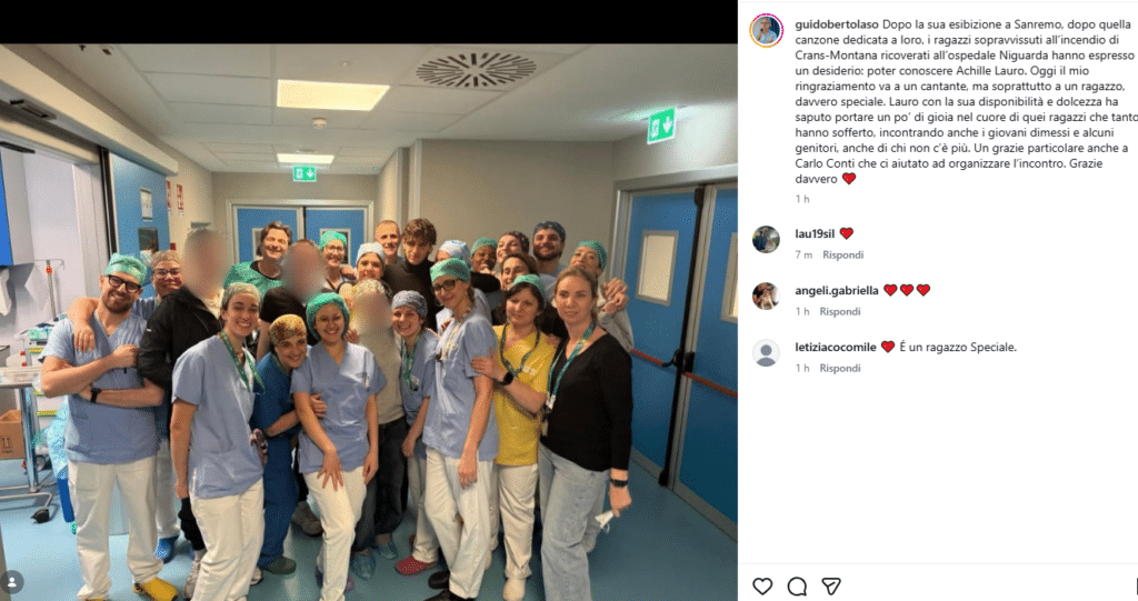 Achille Lauro al Niguarda dai feriti di Crans-Montana